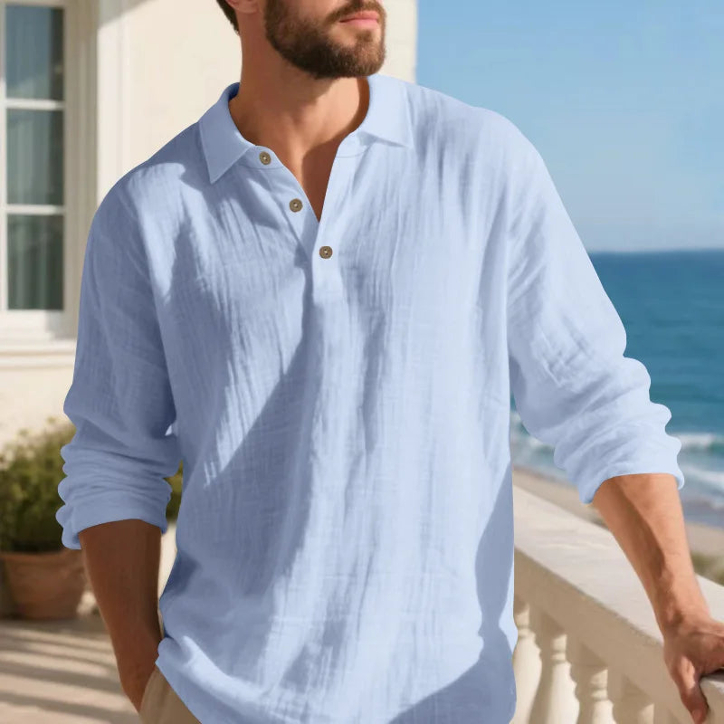 Linen shirt stand-up collar button-down men's loose casual breathable V-neck long-sleeved polo shirt