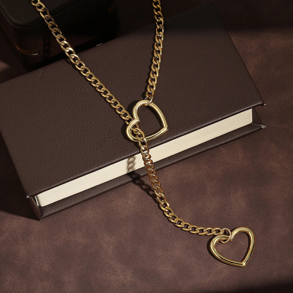 Adjustable Stainless Steel Cuban Link Necklace Hollow Heart Y-Shaped Necklace Punk Rock Style Party Accessories