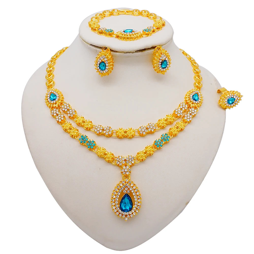 Women Gold Color Jewelry Sets Blue Pendant Necklace Earrings Bracelet Ring Sets Party Gifts