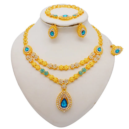 Women Gold Color Jewelry Sets Blue Pendant Necklace Earrings Bracelet Ring Sets Party Gifts