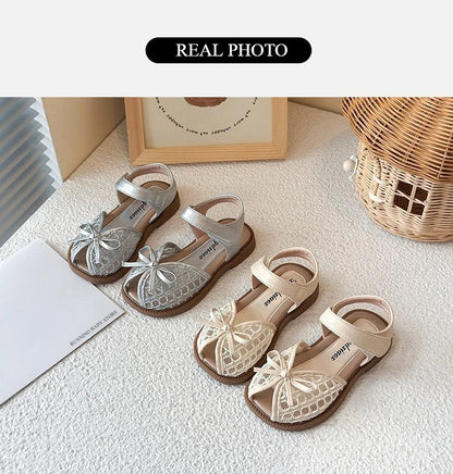 New Summer Girls Sandals Princess Beach Shoes Braided Peep-toe Kids Sandals Butterfly-knot Sweet Soft Breathable Footwear I10317