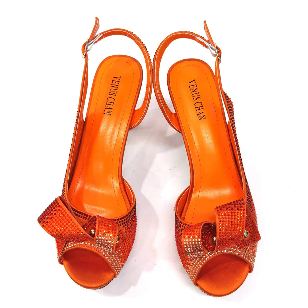 Newest INS Style Peach Color Rhinestone Elegant High Heels Nigeria Popular Design African Ladies Shoes And Bag Set