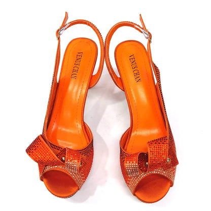 Newest INS Style Peach Color Rhinestone Elegant High Heels Nigeria Popular Design African Ladies Shoes And Bag Set