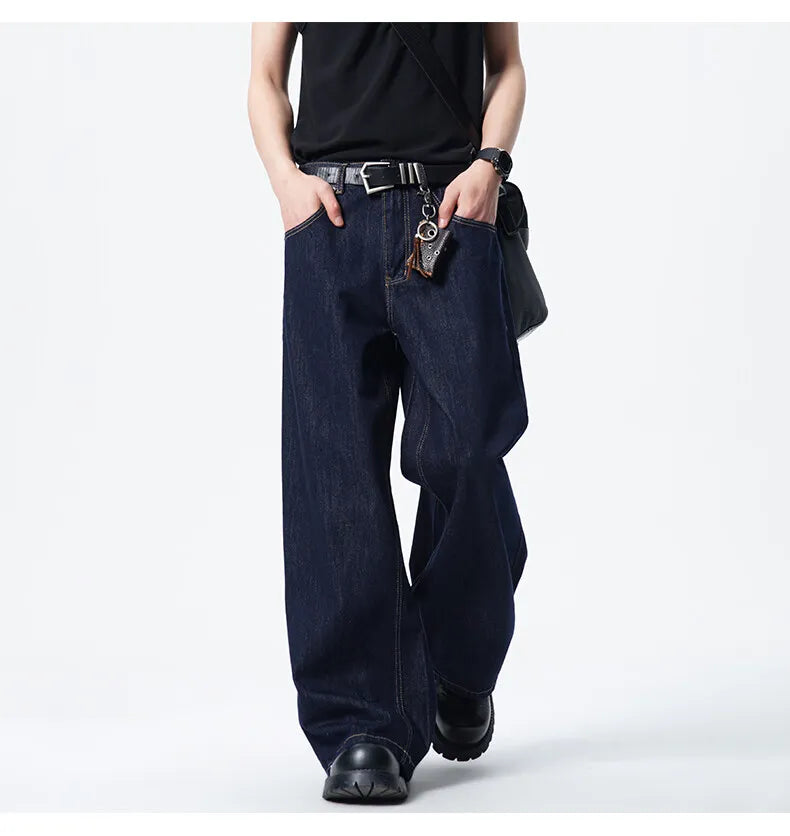 Calça Jeans Masculina Azul Escuro Solta Comprida Reta Clássica De Comprimento Do Chão Atacado Venda Quente Minimalista Casual Streetwear