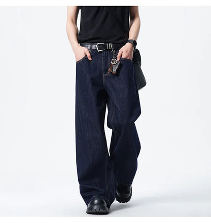 Calça Jeans Masculina Azul Escuro Solta Comprida Reta Clássica De Comprimento Do Chão Atacado Venda Quente Minimalista Casual Streetwear