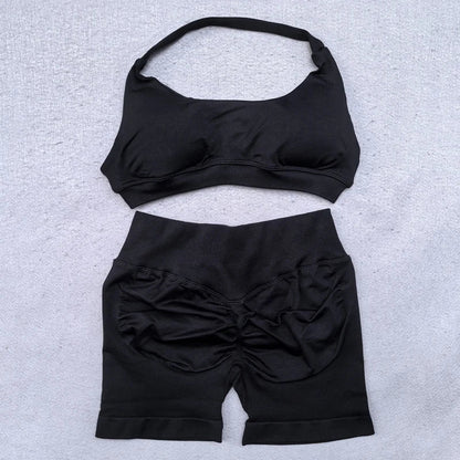 Shorts Set 2 Pieces Seamless Yoga Set Workout Tracksuit Women Halter Sport Bra And Low Waist Scrunch Bum Gym Shorts Suits