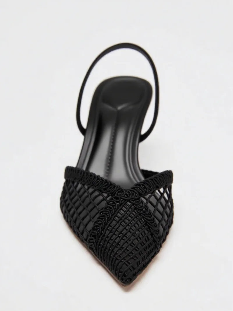 Fashion Black Hollow Mesh Woven Brand Pumps Women Comfort Pointed Toe Shallow High Heel Sandals Elegant Thin Heel Designer Shoes