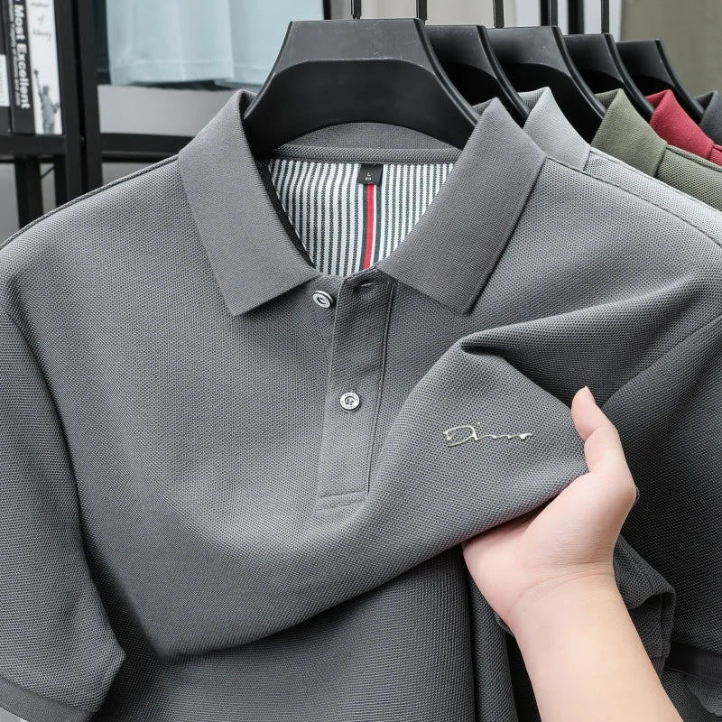 Brand 100%pure cotton short sleeve polo shirt men's new fashion letter embossed business casual solid color summer lapel T-shirt