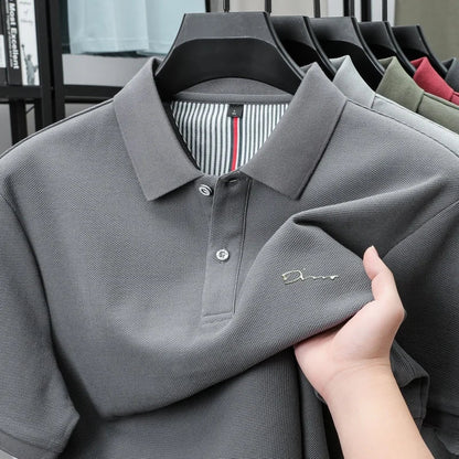 Brand 100%pure cotton short sleeve polo shirt men's new fashion letter embossed business casual solid color summer lapel T-shirt