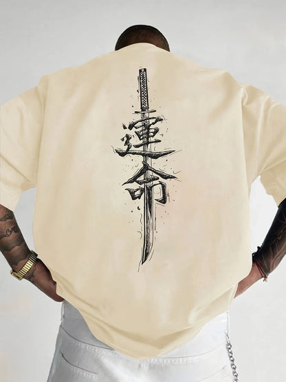Men's summer 100% pure cotton fashionable casual loose Japanese samurai sword pattern printed round neck short sleeved T-shirt