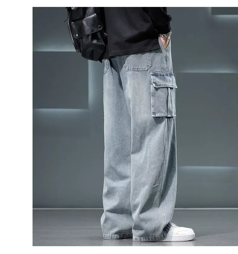 Autumn New Wide Leg Washing Jean Pants Men Trousers Neutral Solid Color Loose Casual Fashion Pocket Cargo Pants Big Size 8xl