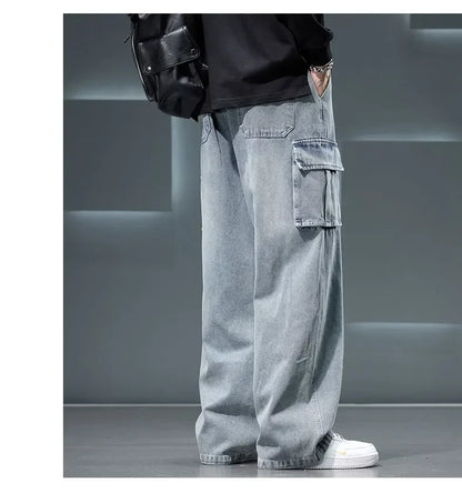 Autumn New Wide Leg Washing Jean Pants Men Trousers Neutral Solid Color Loose Casual Fashion Pocket Cargo Pants Big Size 8xl