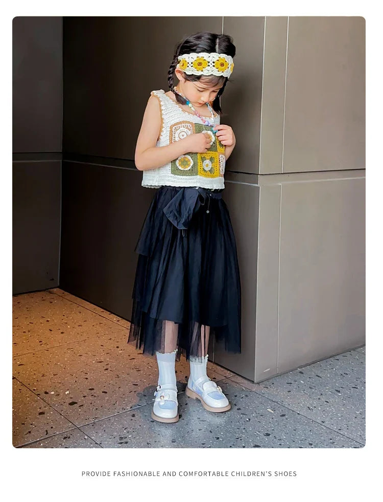 Toddler Girls Elegant Glossy Mesh Mary Jane Flats Flower Buckle Strap Heart Pattern Chunky Sole Comfortable Party School Shoes