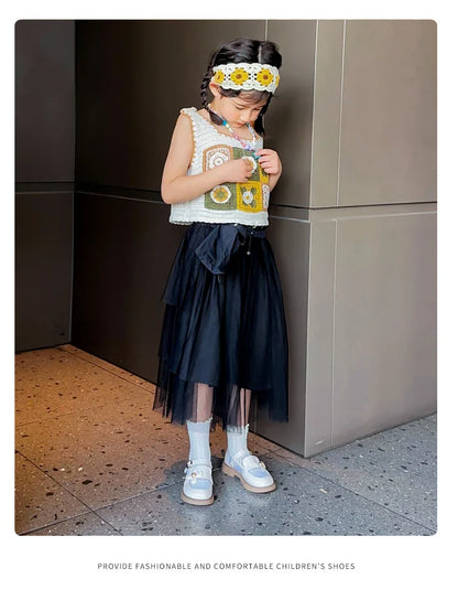Toddler Girls Elegant Glossy Mesh Mary Jane Flats Flower Buckle Strap Heart Pattern Chunky Sole Comfortable Party School Shoes