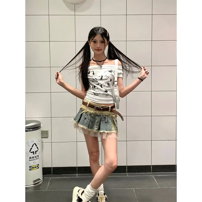 Summer Women Japanese Y2k Kpop 2000s Aesthetic Mini Denim Patchwork Skirt Chic Shoujo Design Party Gyaru Coquette Korean Fashion