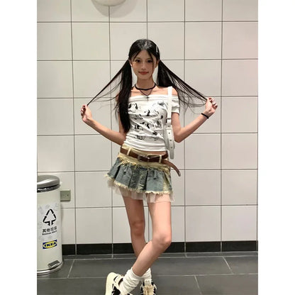 Summer Women Japanese Y2k Kpop 2000s Aesthetic Mini Denim Patchwork Skirt Chic Shoujo Design Party Gyaru Coquette Korean Fashion