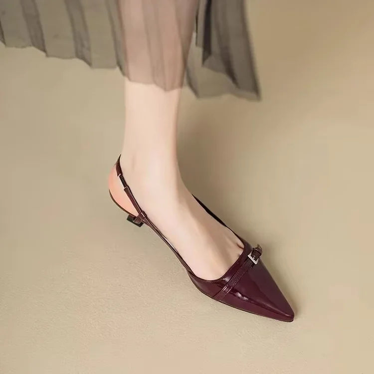 2025 French Pointed Sandals Burgundy Patent Crisscross Straps Metal Decor Slim Heel Open-Back Fairy Sandals