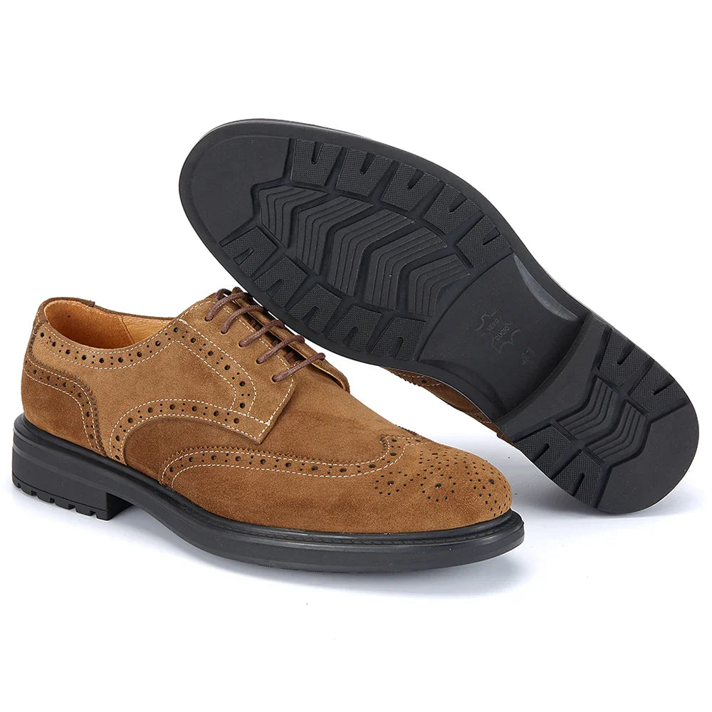 Men's Brogue Suede Leather Shoes, Handmade Carved Lace-up Derby Oxfords, Premium Cow Suede Upper Formal Business Casual Footwear