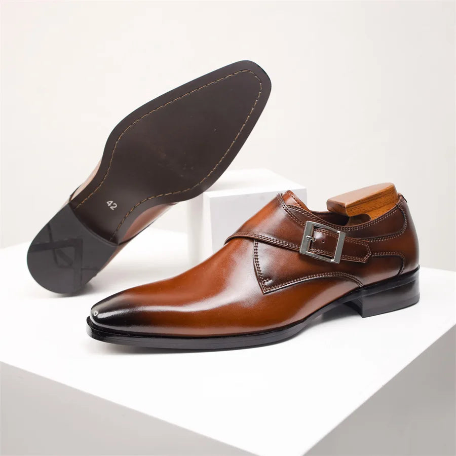 Men's Cow Leather Shoes Buckle Pointed Dress Shoes Men Classic Business Formal Social Office Party Wedding Shoes