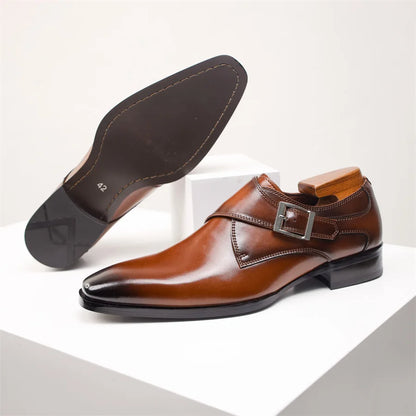 Men's Cow Leather Shoes Buckle Pointed Dress Shoes Men Classic Business Formal Social Office Party Wedding Shoes