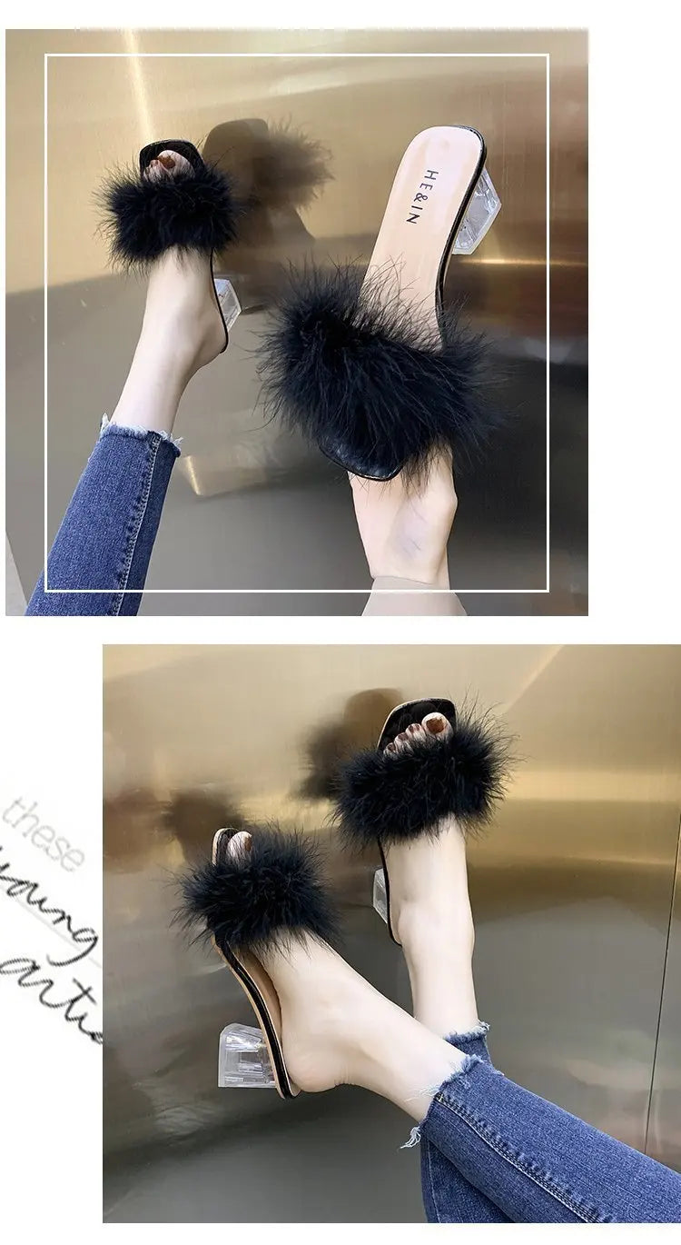 2023 Fluffy Peep Toe Sexy High Heels Women Shoes Fur Feather Lady Fashion Wedding Slip-On Pink Square Toe Women Sandals