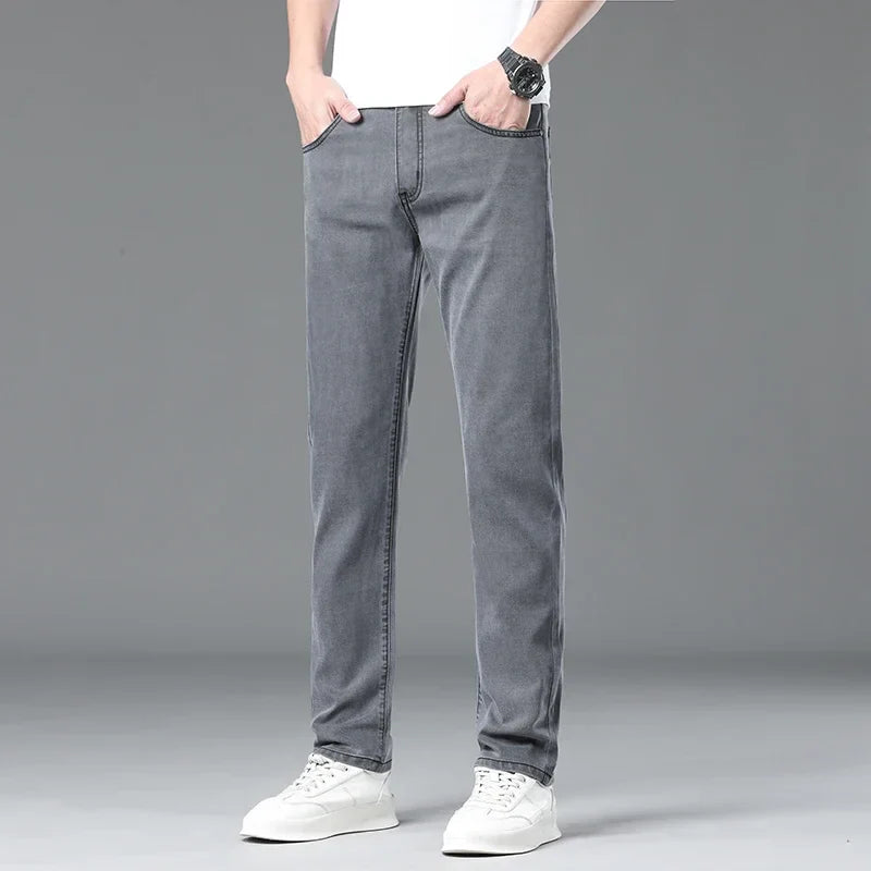 Summer Lyocell Ultra-thin Jeans Men Straight Stretch Breathable Denim Pants Fashion Business Casual Male Trousers Black Gray