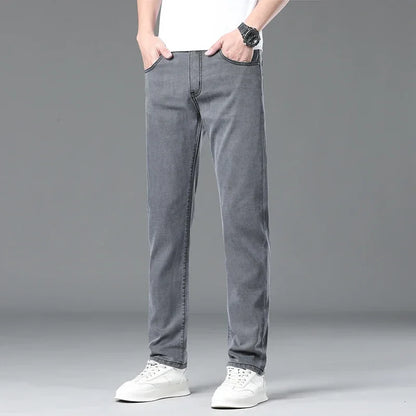 Summer Lyocell Ultra-thin Jeans Men Straight Stretch Breathable Denim Pants Fashion Business Casual Male Trousers Black Gray