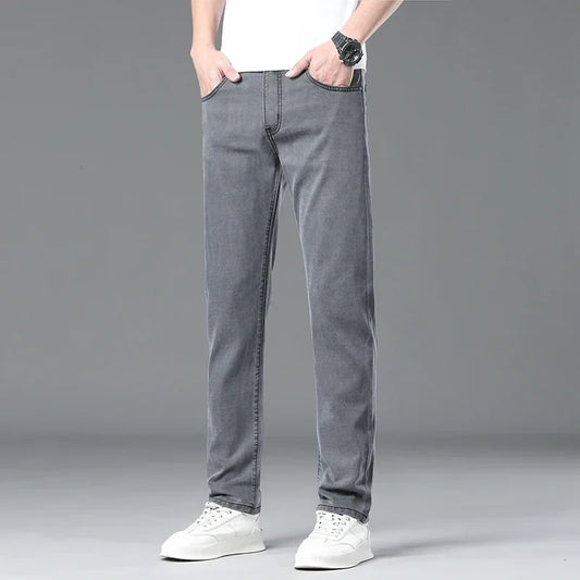 Summer Lyocell Ultra-thin Jeans Men Straight Stretch Breathable Denim Pants Fashion Business Casual Male Trousers Black Gray