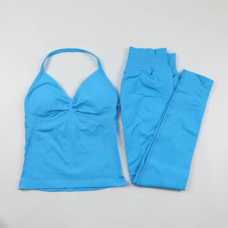Fitness Leggings Set Women Seamless Yoga Set Fitness Clothing Scrunch Bum Gym Legging Padded Tank Top Workout Outfits Sportswear