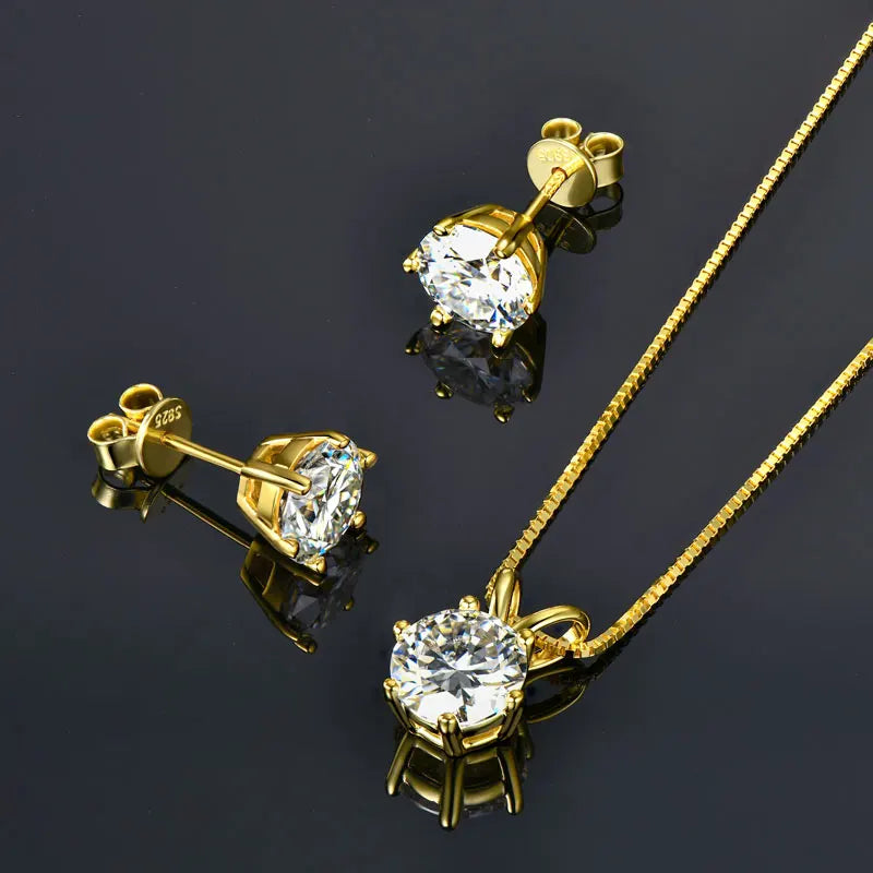 Real 925 Silver Moissanite Jewelry Set Gold Plated 0.5-2ct Stud Earrings Solitaire Pendant Necklace Set for Women Men Gift