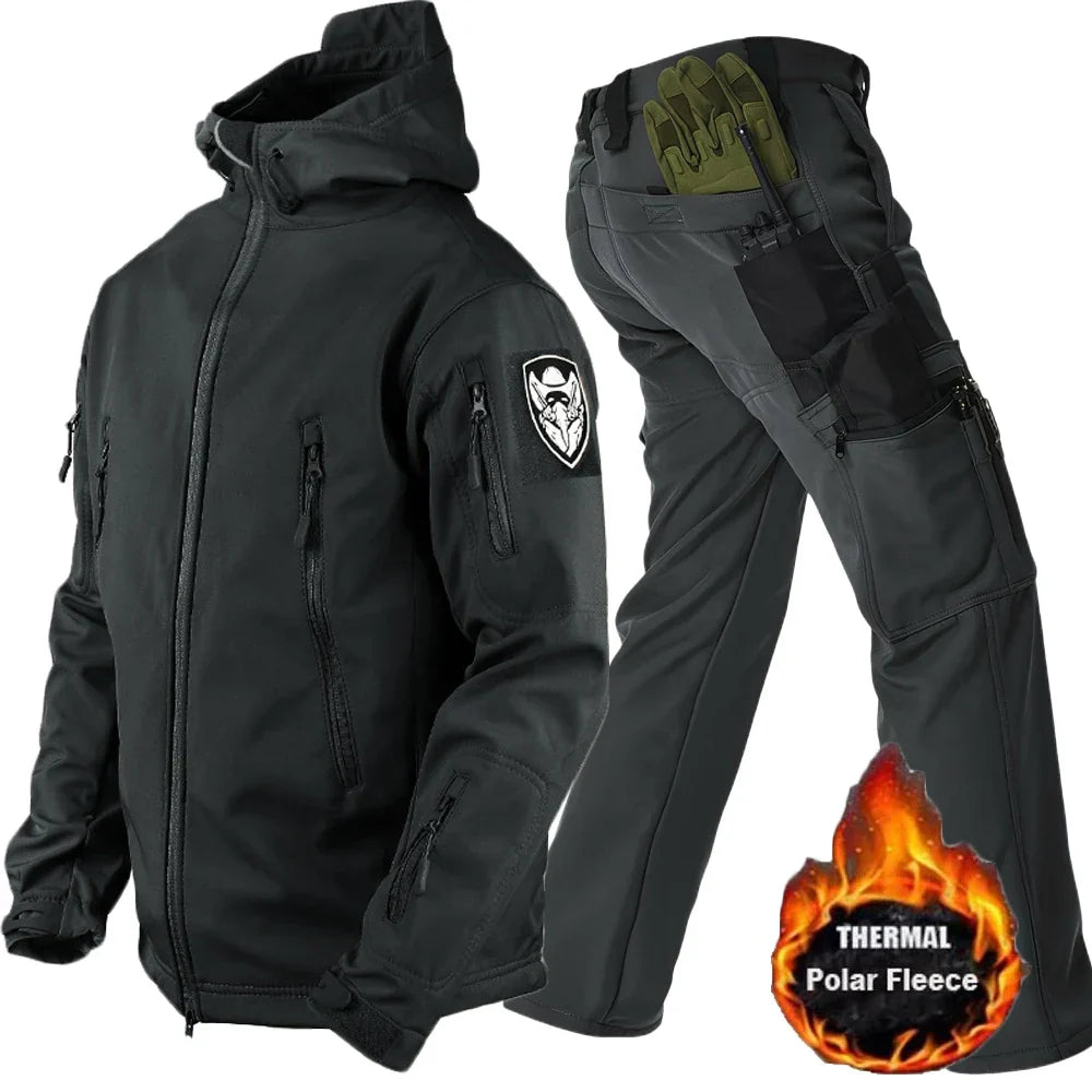 Winter Outdoor Work Sets Mens Field Training Jackets Multi-Pocket Fleece Cargo Pants Tactical Waterproof Camping Tracksuits Set