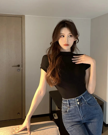 1pcs Girls Summer Solid T-shirts Womens Classic Basic Fashion Tees New Students Short Sleeve Slim Tops Females Mock Neck Tshirts