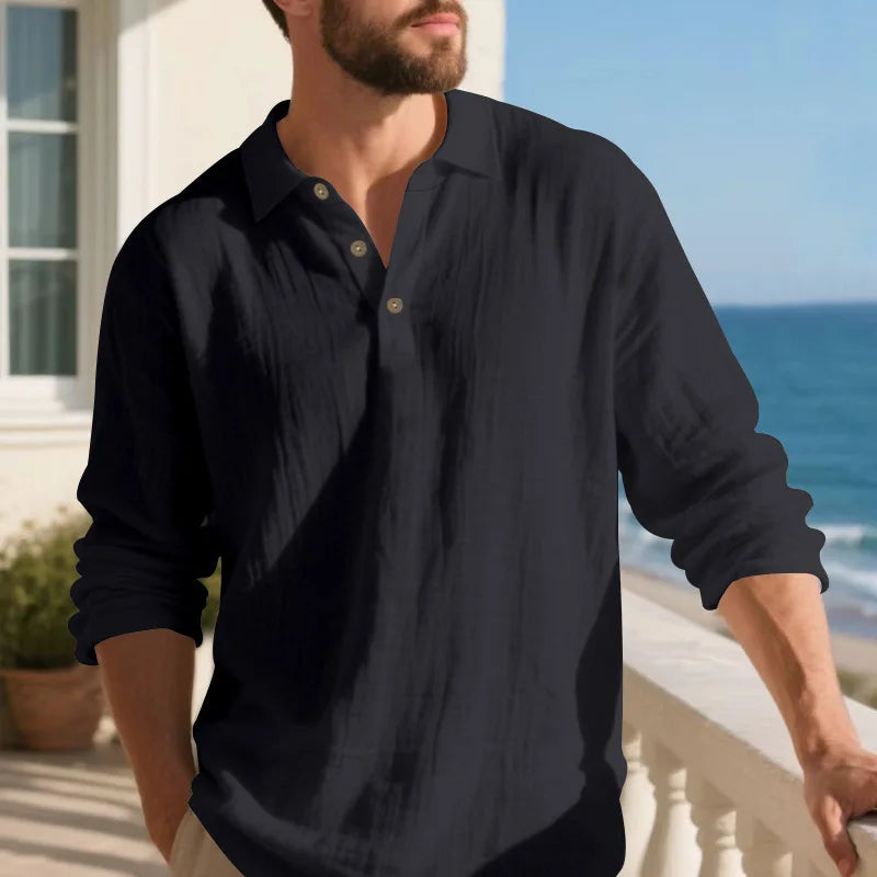 Linen shirt stand-up collar button-down men's loose casual breathable V-neck long-sleeved polo shirt