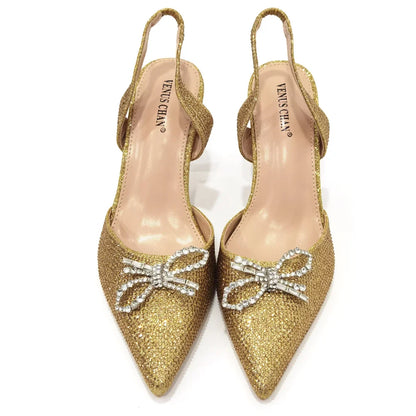 Pointed Toe Ladies Sandal Shoes Matching Bag Set in Gold Color For Nigerian Women Wedding