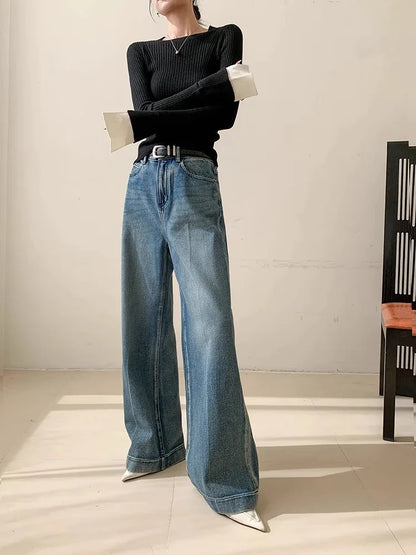 Blue Washed Casual Jeans Women'S New Straight Leg Loose Wide Leg Pants