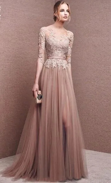 Scoop Neckline Zipper Up Tulle Long Floor-length Dresses Lace Applique Half Sleeve High Split Wedding Evening Party Prom Gowns