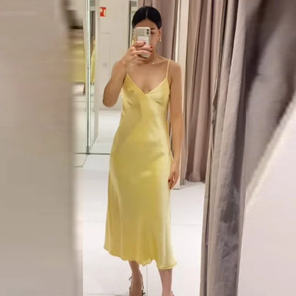 Womens Yellow Slip Dress Summer 2025 Woman Satin V-Neck Party Dresses Elegant Evening Sleeveless Backless Long Vestidos 066