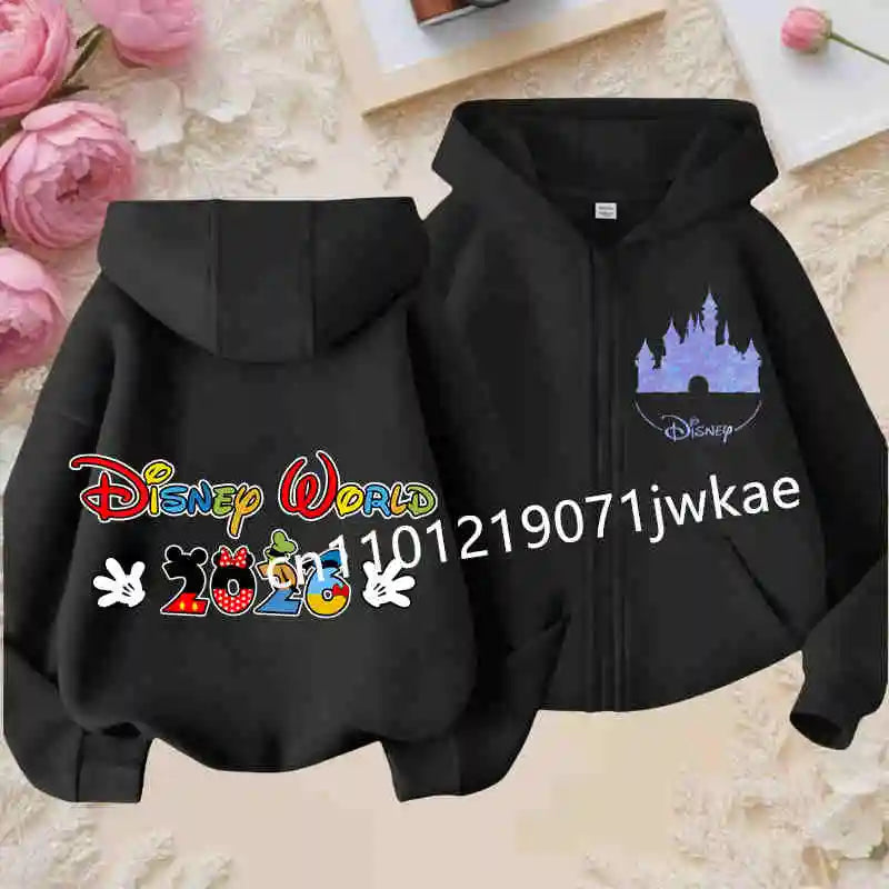 Boys and Girls Clothing Castle Pattern Kids Hoodie Jacket for Children 2026 Fashion Minnie Mickey Castle Zipper Hoodie Closure