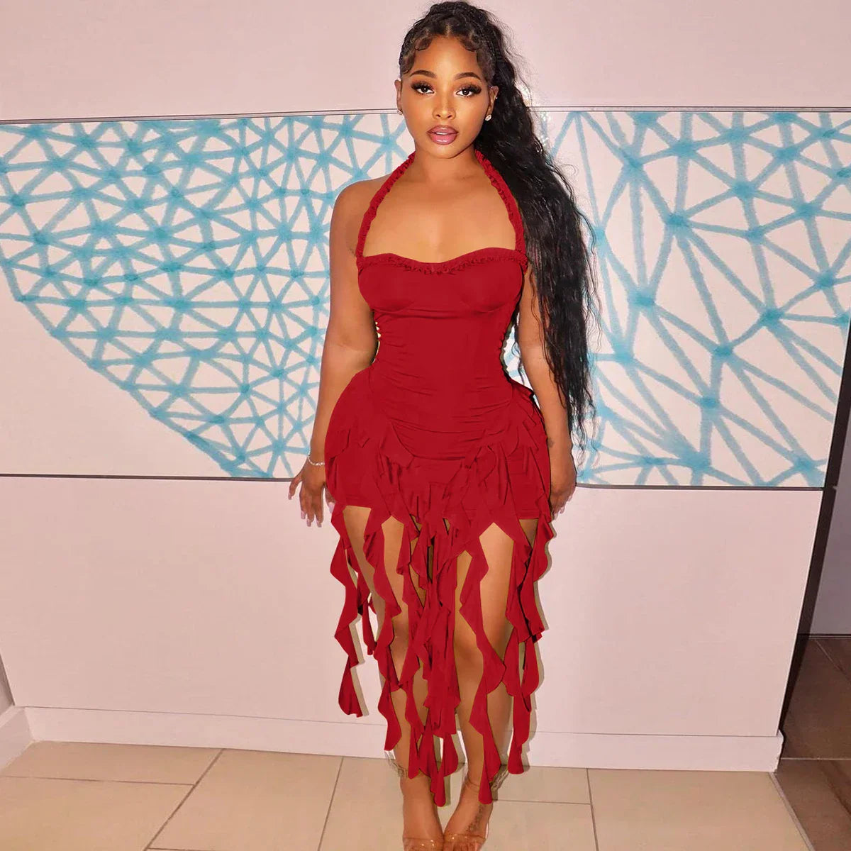 Elegant Halter Solid Ruffles Backless Taseel Sexy Slim Mini Dress Spring Women Cute Outfits Birthday Party Vacation