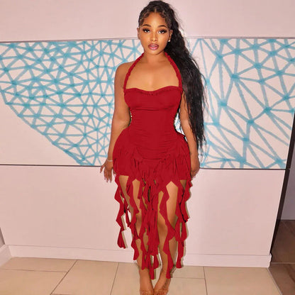 Elegant Halter Solid Ruffles Backless Taseel Sexy Slim Mini Dress Spring Women Cute Outfits Birthday Party Vacation