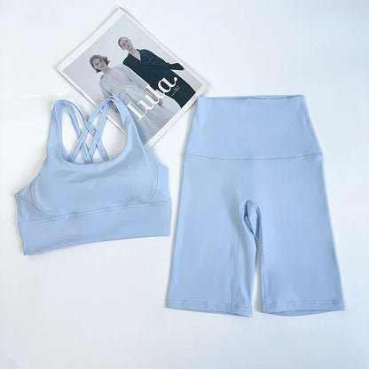2 Pieces Yoga Shorts Gym Sports Sets Women Fitness Suits Cross Back Bra Top High Waist Shorts Running Workout Tracksuit👚👍️