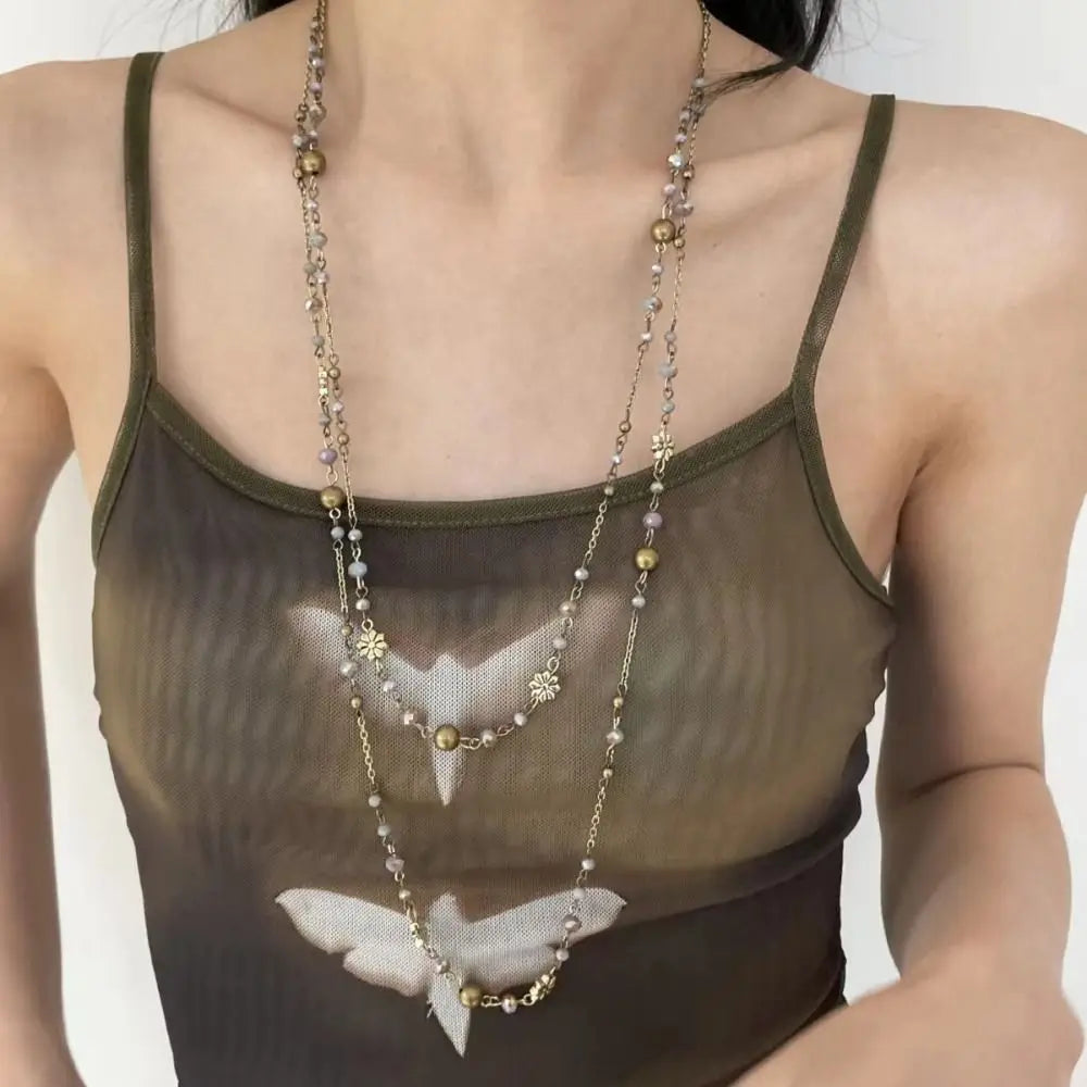 Bohemian Double-layer Flower Necklace Long Beaded Sweater Chain Y2K Style Stackable Geometric Necklace