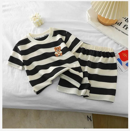 Children's Clothes Short-sleeved Suit Striped Top+shorts 2-piece T-shirt Summer Baby Clothes Children Clothing Boys Girls
