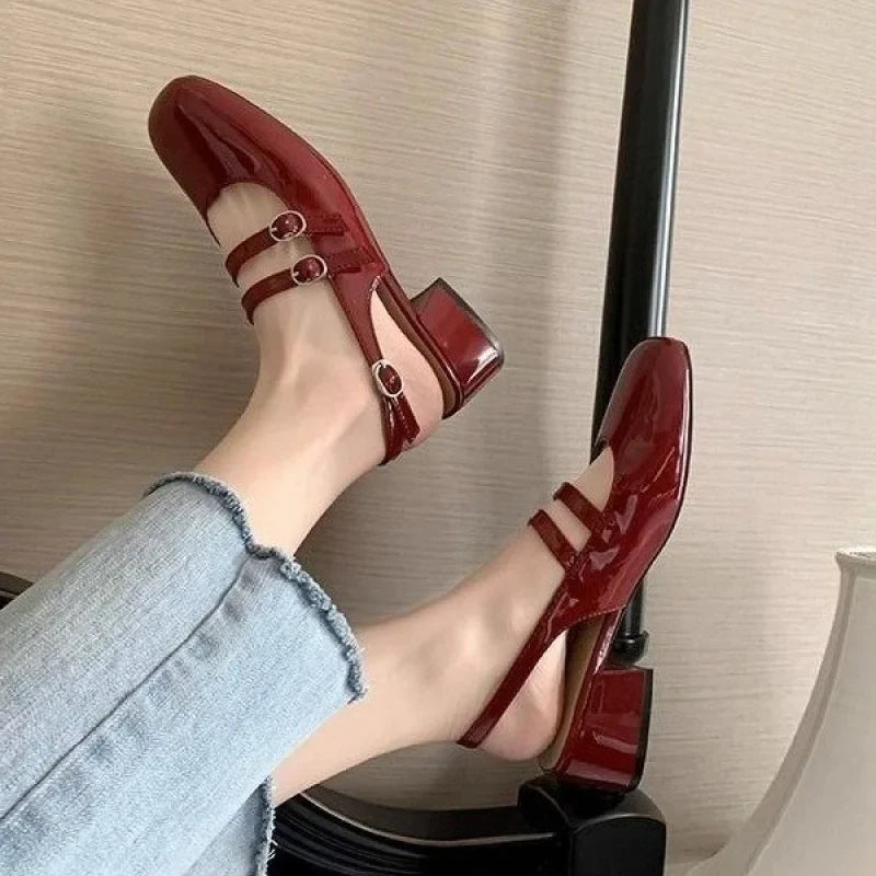 2025 Burgundy Mary Janes Square-Toe Double-Buckle Patent Leather Chunky Heel Shoes with Jean Styling