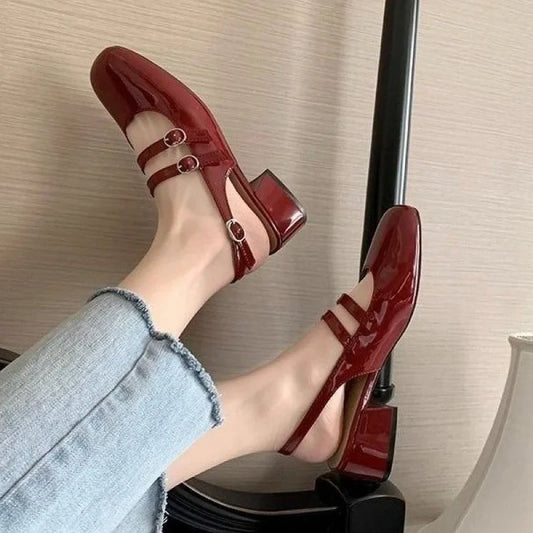 2025 Burgundy Mary Janes Square-Toe Double-Buckle Patent Leather Chunky Heel Shoes with Jean Styling