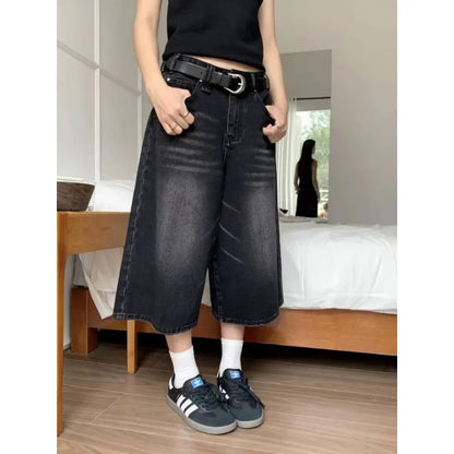 Y2k Vintage Harajuku Denim Shorts Women Washed Letter Embroidery Tassels American Retro Jeans Man Baggy Hip Hop Jorts