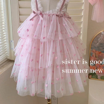 New Summer Baby Girls Party Dress Sleeveless Spaghetti Strap Love Heart Layered Princess Dresses for 3-7Year Old Kids E2310