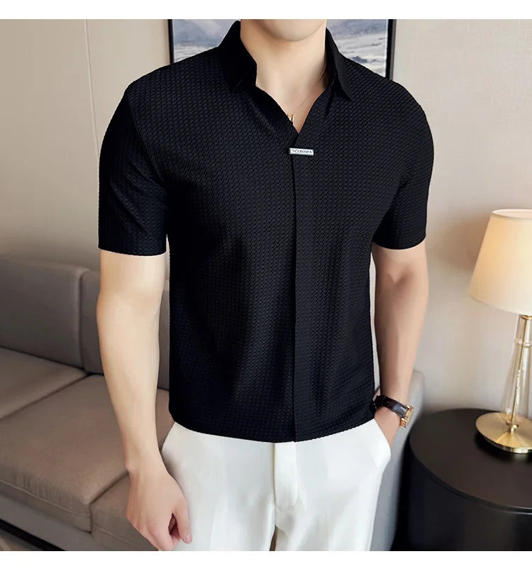 High-Grade Ice Silk Seamless Adhesive Polo Shirt, High-Elastic V-neck Thin Waffle Short-Sleeved Golf Shirt, T-shirt
