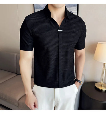 High-Grade Ice Silk Seamless Adhesive Polo Shirt, High-Elastic V-neck Thin Waffle Short-Sleeved Golf Shirt, T-shirt