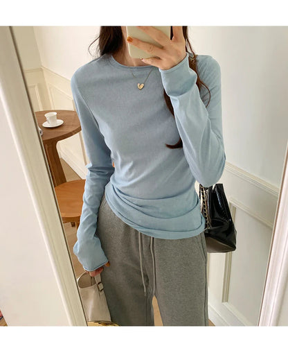 2026 Spring Autumn T shirt Women Tops Solid Slim Fit Long Sleeve O Neck Tshirts Female Casual Streetwear High Quality Base Tees